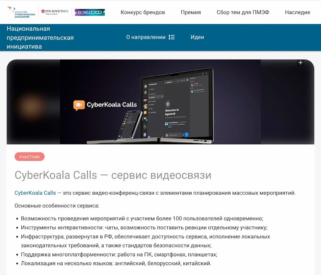 Национальная предпринимательская инициатива "CyberKoala Calls - сервис видеосвязи"